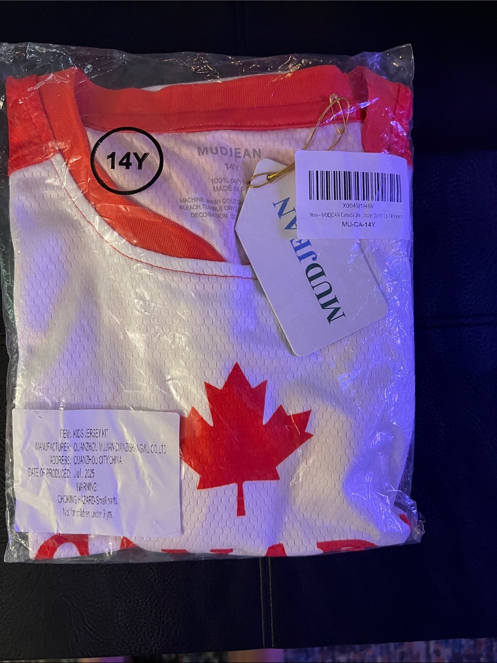 Mudjean Kids' White & Red Maple Jersey - 14Y